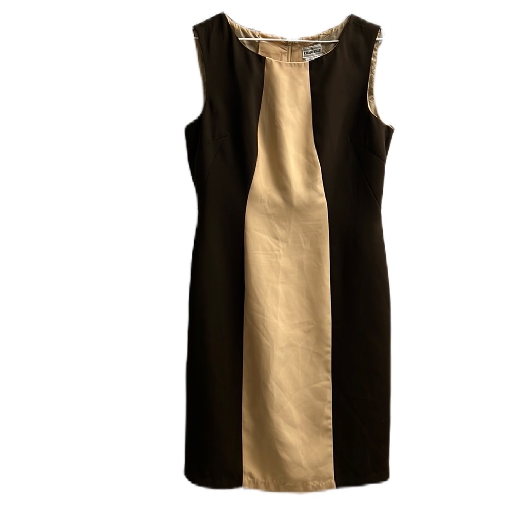 Chancelle, Block Color, U-Neckline, Sleeveless, Slit in back Dress, Brown/Tan,12